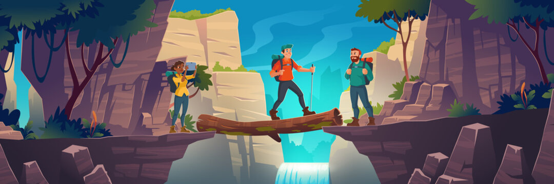 Tourists cross log bridge between mountains above cliff in rock peaks landscape with waterfall and trees background. Girl make picture of beautiful scenery nature view, Cartoon vector illustration