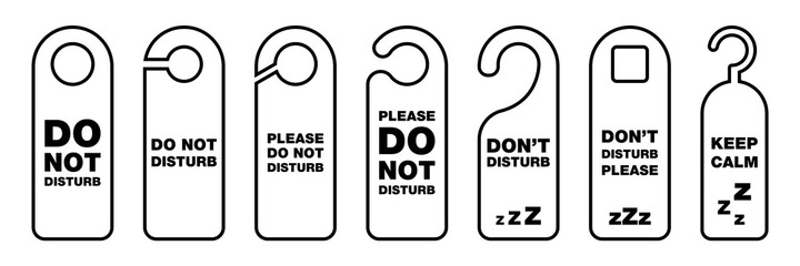 Do not disturb. Outline don't disturb label. Busy tag in hotel. Do not disturb hanging banner. Private message warn. Door tag in black. Busy symbol set. Vector illustration. EPS 10.