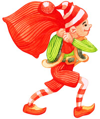 Elves preparing Christmas pine evergreen tree for winter holiday . Gnome wearing costume standing on ladder decorating spruce with baubles.