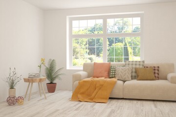 White living room with sofa and summer landscape in window. Scandinavian interior design. 3D illustration