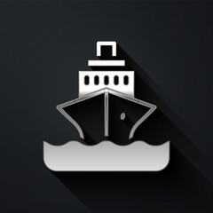 Silver Cruise ship icon isolated on black background. Travel tourism nautical transport. Voyage passenger ship, cruise liner. Worldwide cruise. Long shadow style. Vector.