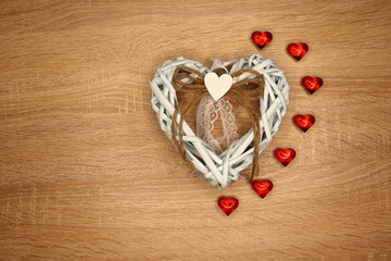 Beautiful wooden background with red hearts. The best Valentine's Day greeting card. I love you! Happy Valentine's Day!