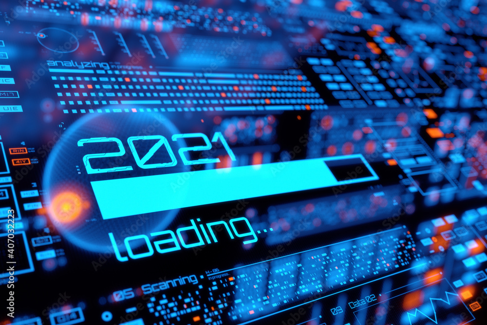 Fototapete 2021 year progress bar on digital lcd display with reflection. abstract technology background. 3d re