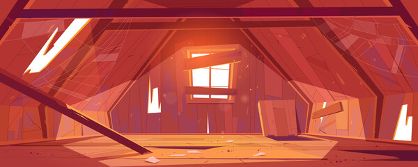 Abandoned house attic interior, empty old mansard room, spacious place with holes and spider web on roof with beams, wood floor, boarded up window, architecture, dwelling. Cartoon vector illustration © klyaksun