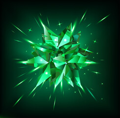 Green emerald star on a black background. Crystal. Vector illustration.