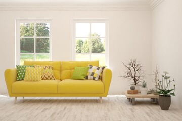 White living room with sofa and summer landscape in window. Scandinavian interior design. 3D illustration