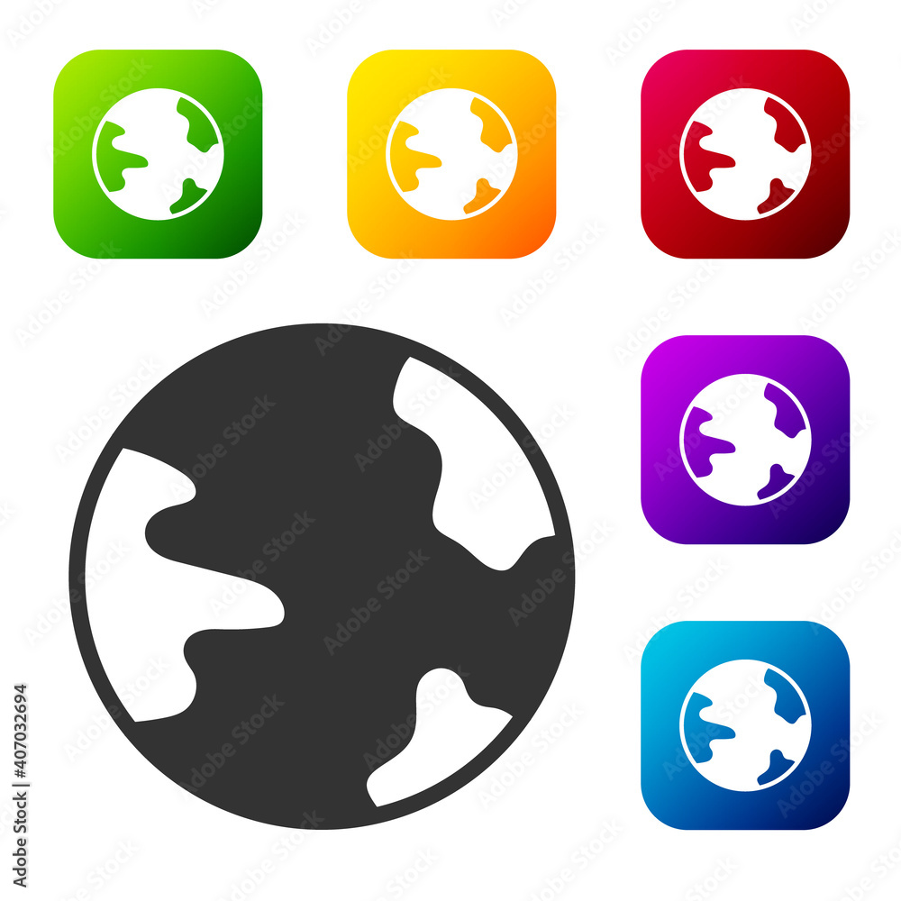 Poster black worldwide icon isolated on white background. pin on globe. set icons in color square buttons. 