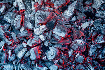 Red-hot firebrands in a bonfire.