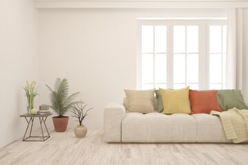 White living room with sofa. Scandinavian interior design. 3D illustration