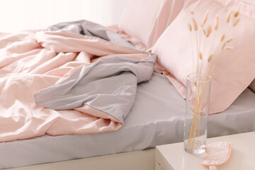 Fototapeta na wymiar Pink and blue bed linen. Natural