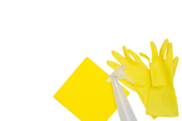 rubber yellow gloves and yellow microfiber cloth isolated on white background for cleaning concept, copy space