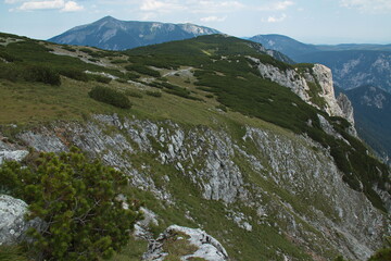 View of Schneeberg and Jakobskogel from the hiking trail to Prein on the Rax, Austria, Europe
