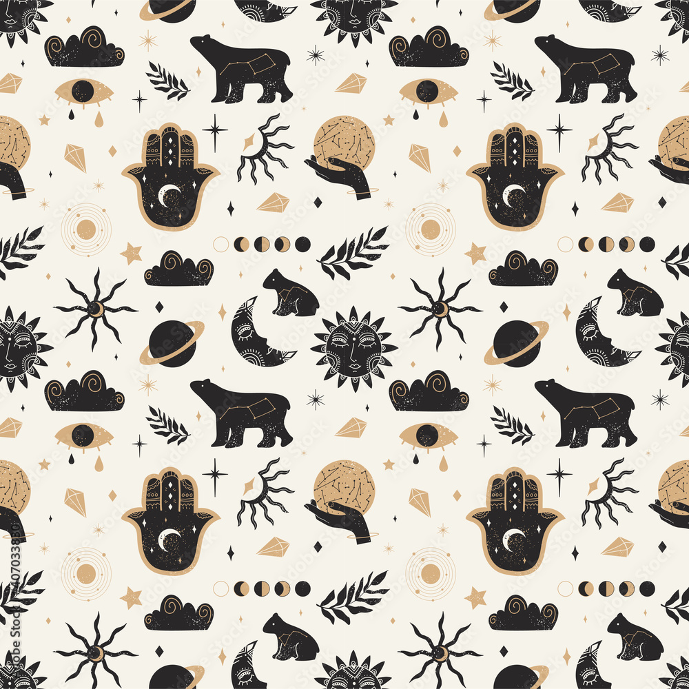Wall mural seamless pattern of mystical and astrology objects in boho style. trendy vector illustration.