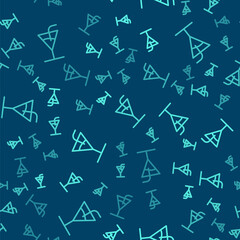 Green line Cocktail icon isolated seamless pattern on blue background. Vector Illustration.
