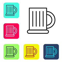 Black line Wooden beer mug icon isolated on white background. Set icons in color square buttons. Vector Illustration.