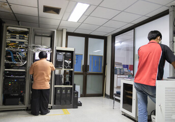 The system administrator works in the server room of the data center.	
