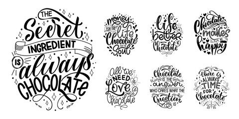 Chocolate hand lettering quotes set. Warm winter word composition. Vector design elements for t-shirts, bags, posters, cards, stickers and menu