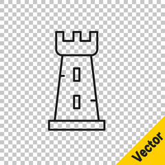Black line Castle tower icon isolated on transparent background. Fortress sign. Vector.