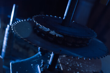 Sharp circular saw blades close up. Dangerous machine to cut up from horror films. This is a shaft...