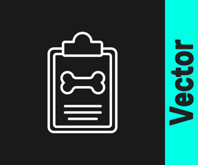 White line Clipboard with medical clinical record pet icon isolated on black background. Health insurance form. Medical check marks report. Vector.