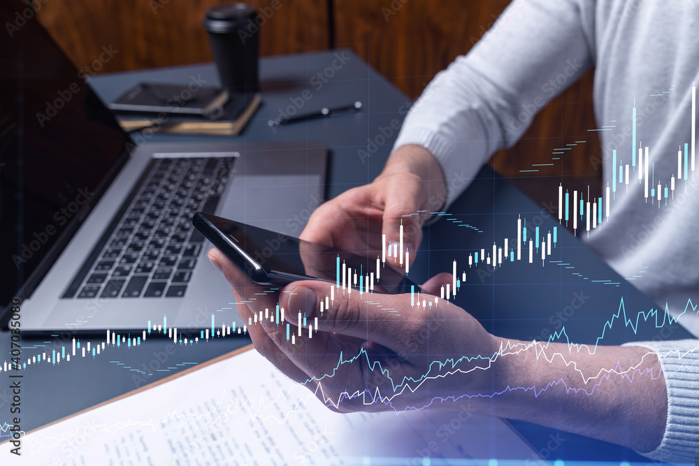 Poster trader holding in the hands a smart phone and researching stock market to proceed right investment s