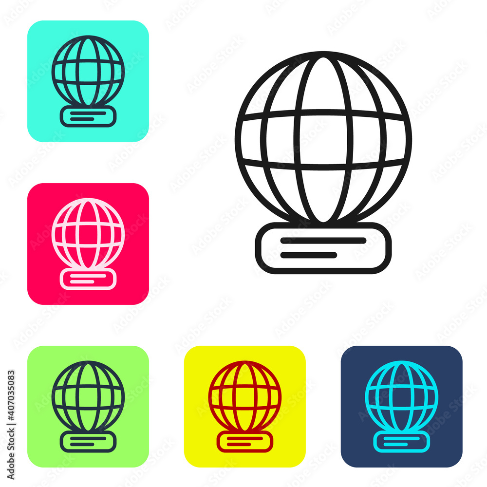 Poster black line worldwide icon isolated on white background. pin on globe. set icons in color square butt