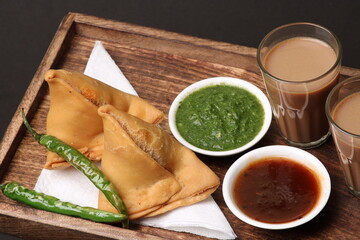 Indian snack Homemade spicy and delicious samosa served with green, tamarind chutney cutting masala tea, chai, 