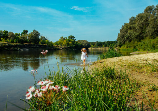 happy child runs along the river bank, ake, summer, nature, water, field, people, grass, landscape, sky, young, beauty, green, child, beautiful