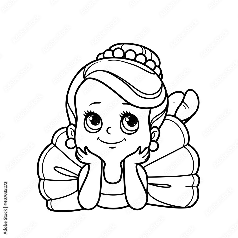 Sticker beautiful ballerina girl in tutu lie on floor outlined for coloring isolated on a white background