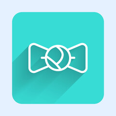 White line Bow tie icon isolated with long shadow. Green square button. Vector.