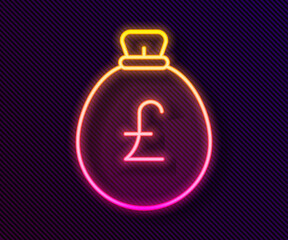 Glowing neon line Money bag with pound icon isolated on black background. Pound GBP currency symbol. Vector.