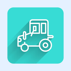 White line Tractor icon isolated with long shadow. Green square button. Vector.