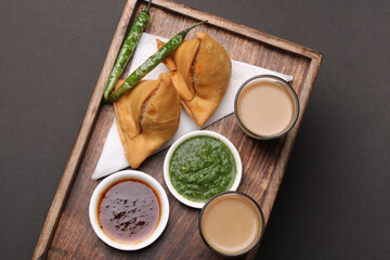 Obraz na płótnie Canvas Indian snack Homemade spicy and delicious samosa served with green, tamarind chutney cutting masala tea, chai, 