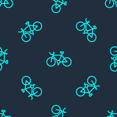 Green line Bicycle icon isolated seamless pattern on blue background. Bike race. Extreme sport. Sport equipment. Vector.