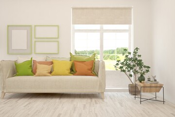 White living room with sofa and summer landscape in window. Scandinavian interior design. 3D illustration