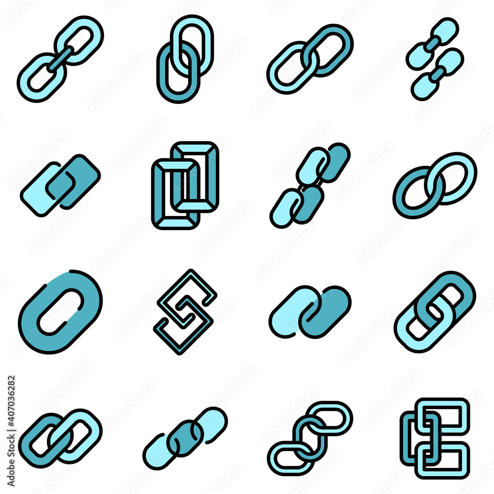 Poster chain link icons set. outline set of chain link vector icons thin line color flat on white