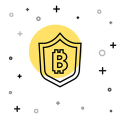 Black line Shield with bitcoin icon isolated on white background. Cryptocurrency mining, blockchain technology, security, protect, digital money. Random dynamic shapes. Vector.