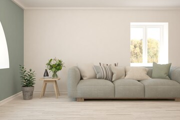 White living room with sofa. Scandinavian interior design. 3D illustration