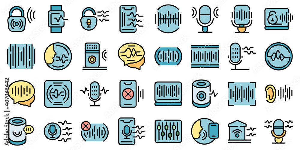 Poster speech recognition icons set. outline set of speech recognition vector icons thin line color flat on