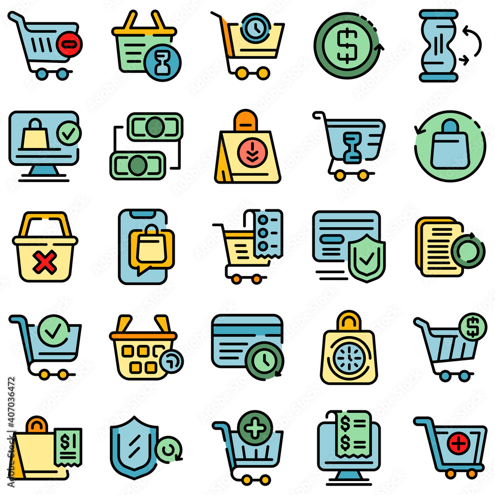 Poster purchase history icons set. outline set of purchase history vector icons thin line color flat on whi