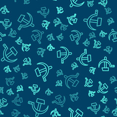 Green line Hammer and sickle USSR icon isolated seamless pattern on blue background. Symbol Soviet Union. Vector.