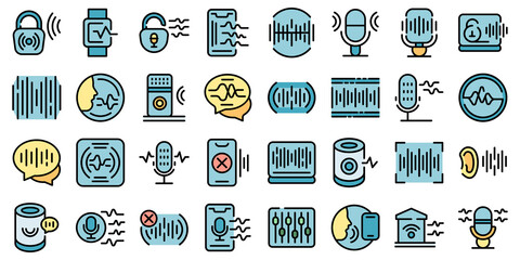 Speech recognition icons set. Outline set of speech recognition vector icons thin line color flat on white