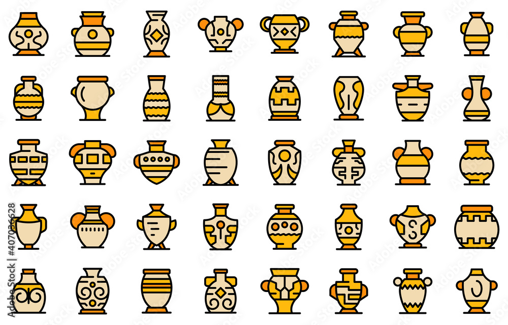 Poster amphora icons set. outline set of amphora vector icons thin line color flat on white