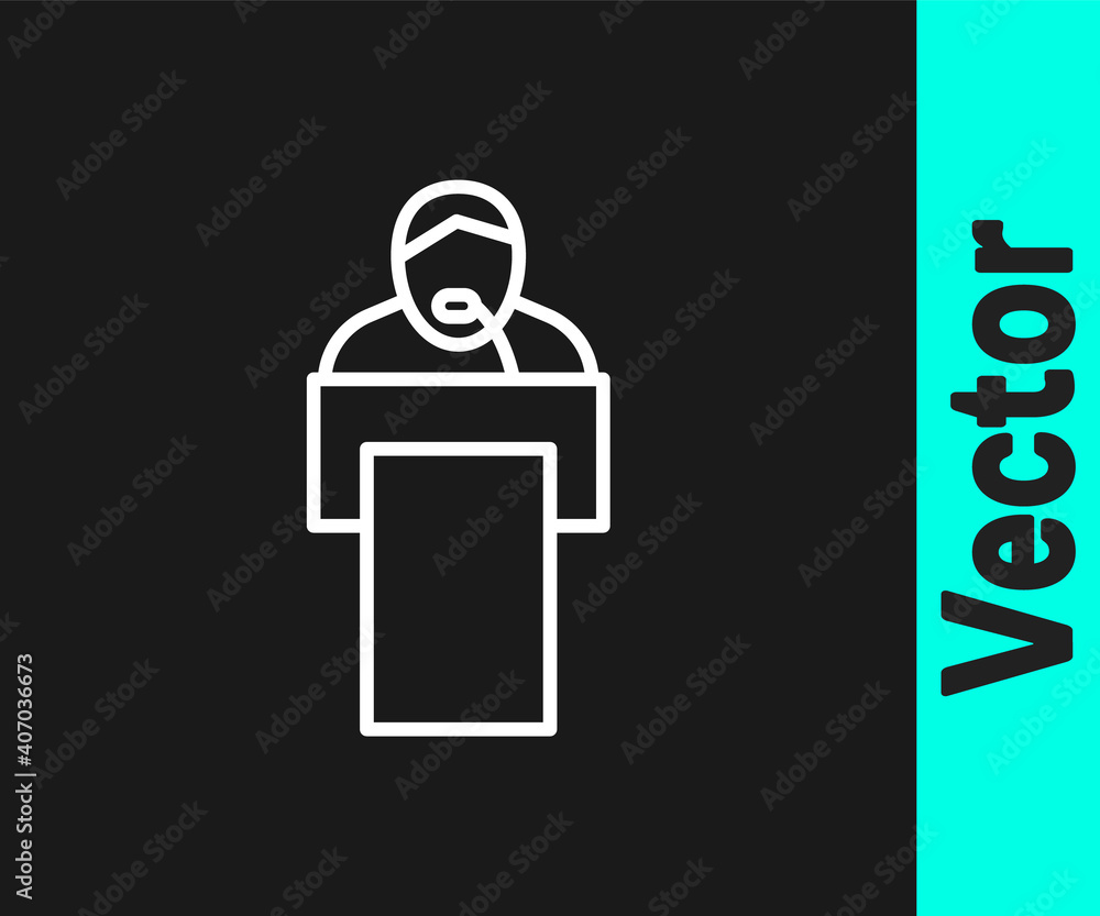 Poster white line gives lecture icon isolated on black background. stand near podium. speak into microphone