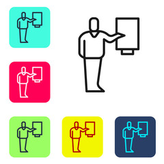 Black line Museum guide icon isolated on white background. Set icons in color square buttons. Vector.