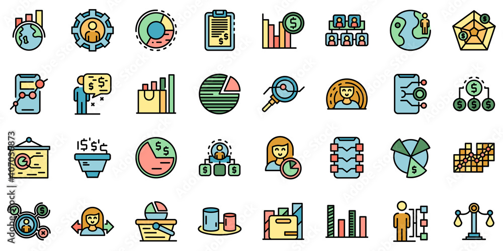 Poster market segmentation icons set. outline set of market segmentation vector icons thin line color flat 
