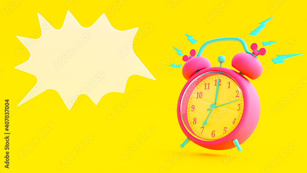 Poster pink alarm clock was ringing at 7.00 on yellow background. clipping path and copy space for your tex