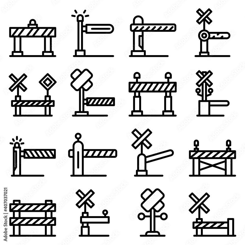 Poster railroad barrier icons set. outline set of railroad barrier vector icons for web design isolated on 