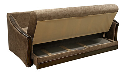 Sofa isolated on white background. Opened storage for bed linen. Including clipping path