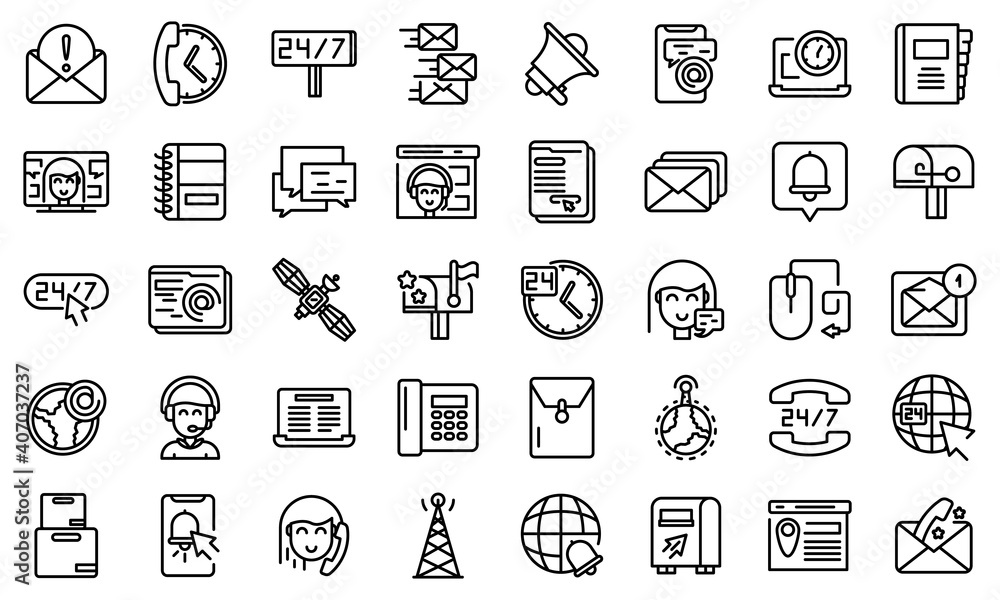 Poster contact us icons set. outline set of contact us vector icons for web design isolated on white backgr